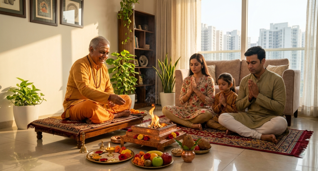 Trusted Pandit performing a havan pooja in a modern Gurgaon home with family, representing online Pandit booking services in Delhi NCR, Noida, and Gurgaon.